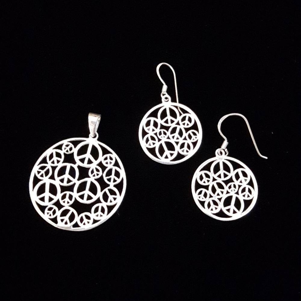 Sterling silver peace sign pendant & earring set